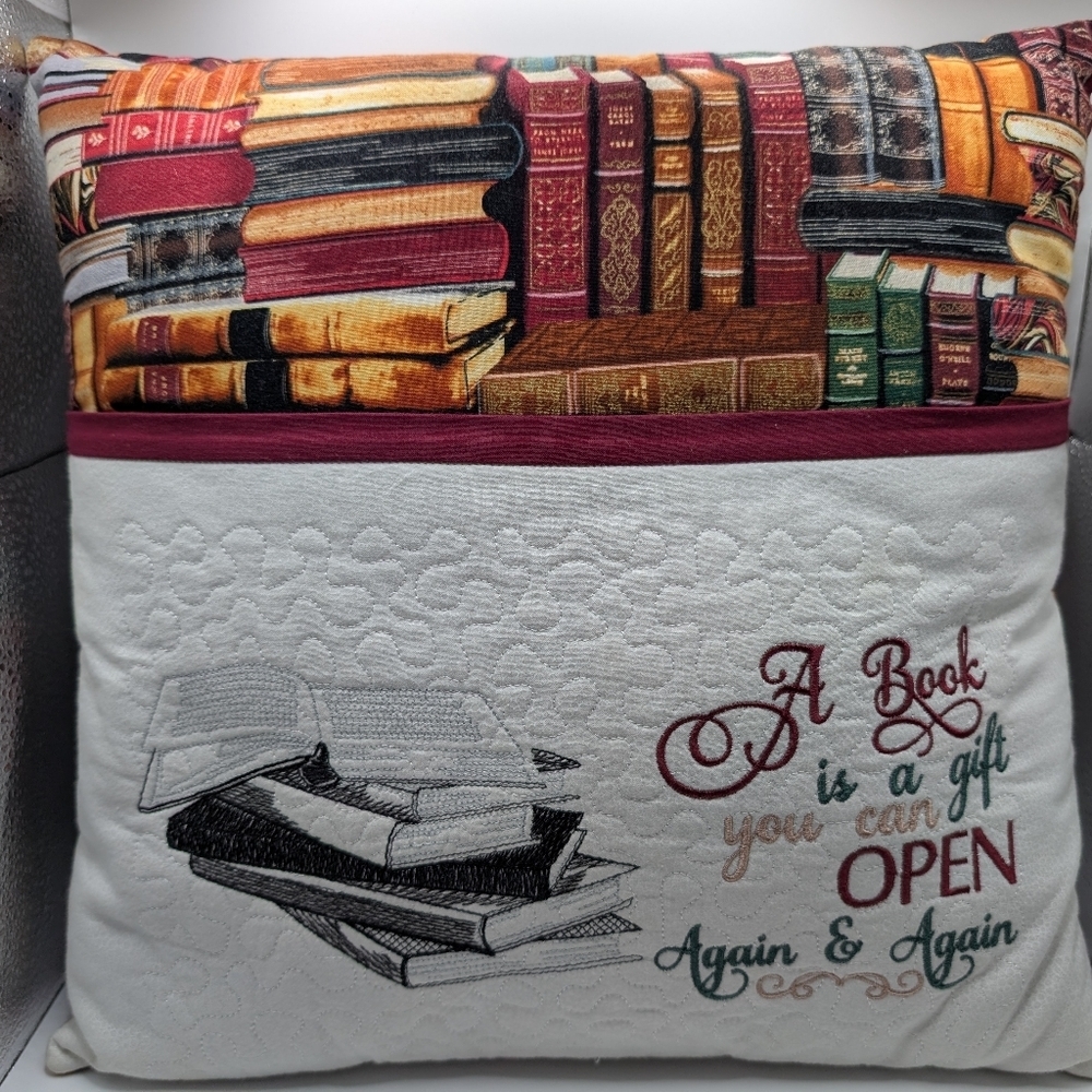 Book Pillow W/ Pocket A Book is a gift you can open again and again 14.5 x 14.5